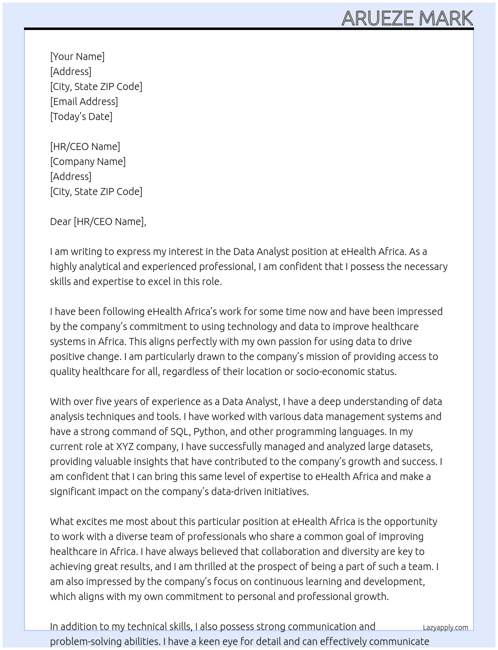 Data analyst  At eHealth Africa Cover Letter