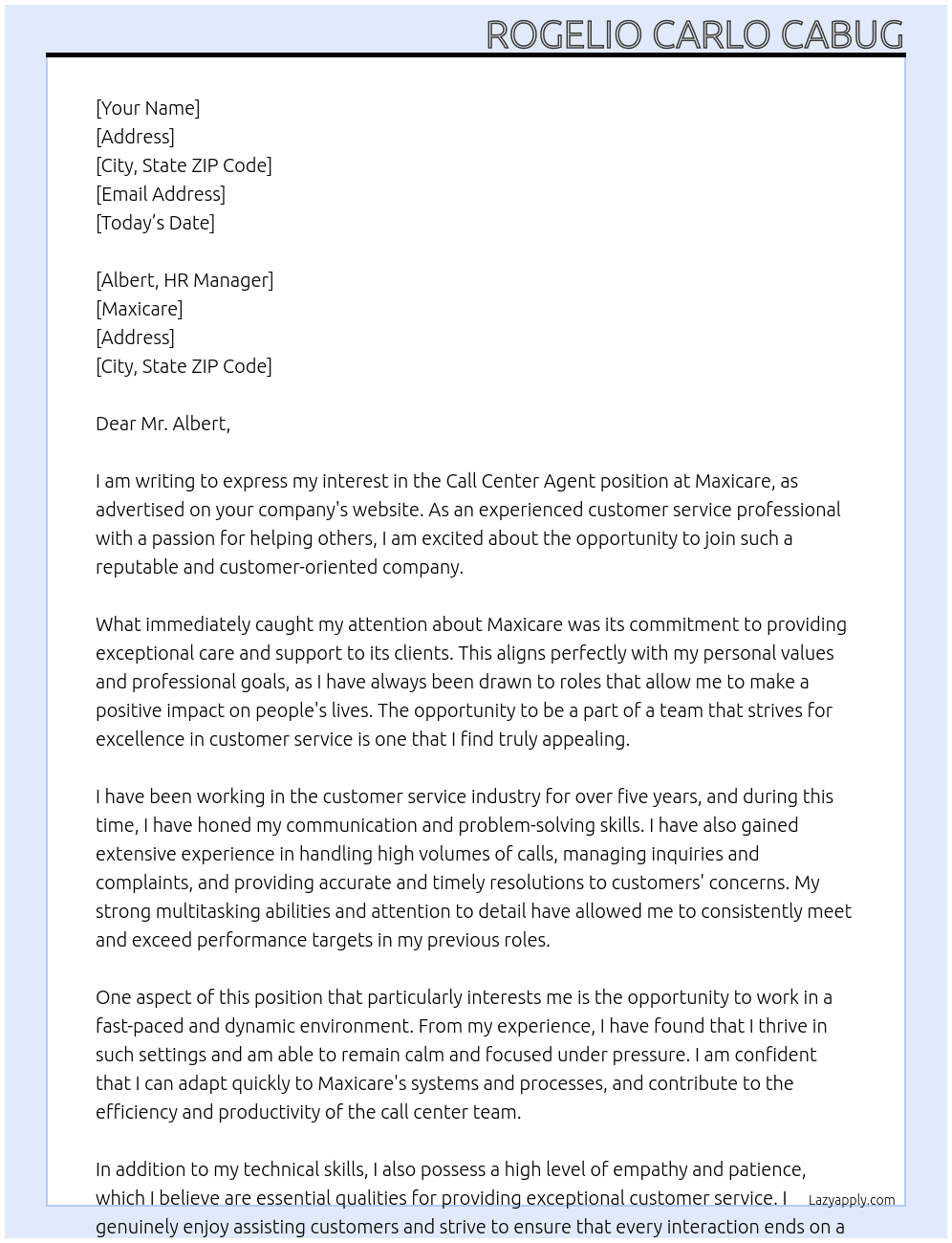 Call Center Agent At Maxicare Cover Letter