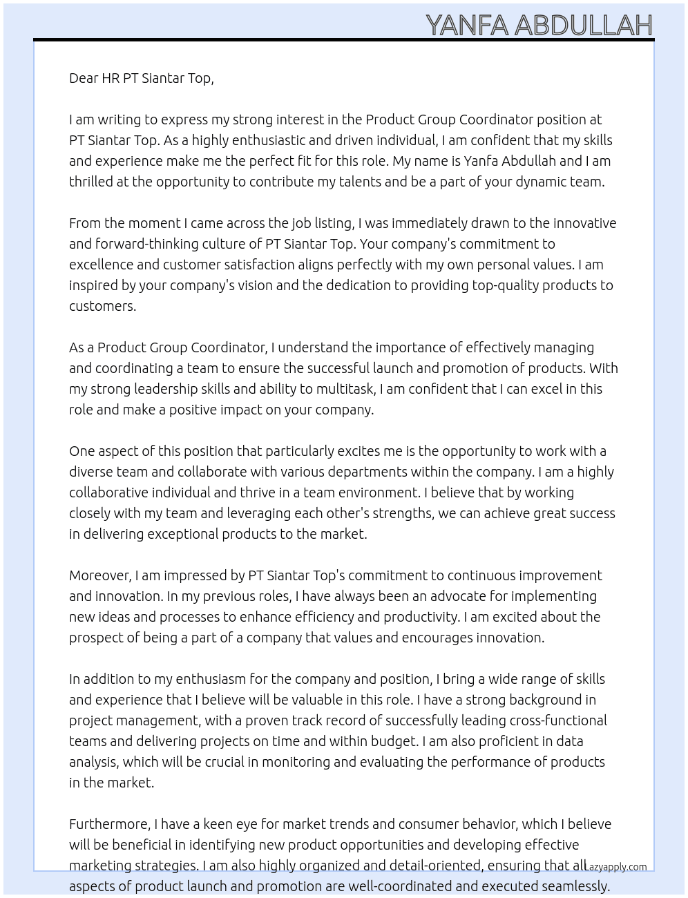 product group coordinator At PT Siantar Top Cover Letter