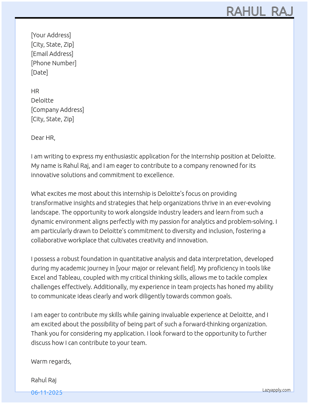 Internship  At Deloitte  Cover Letter