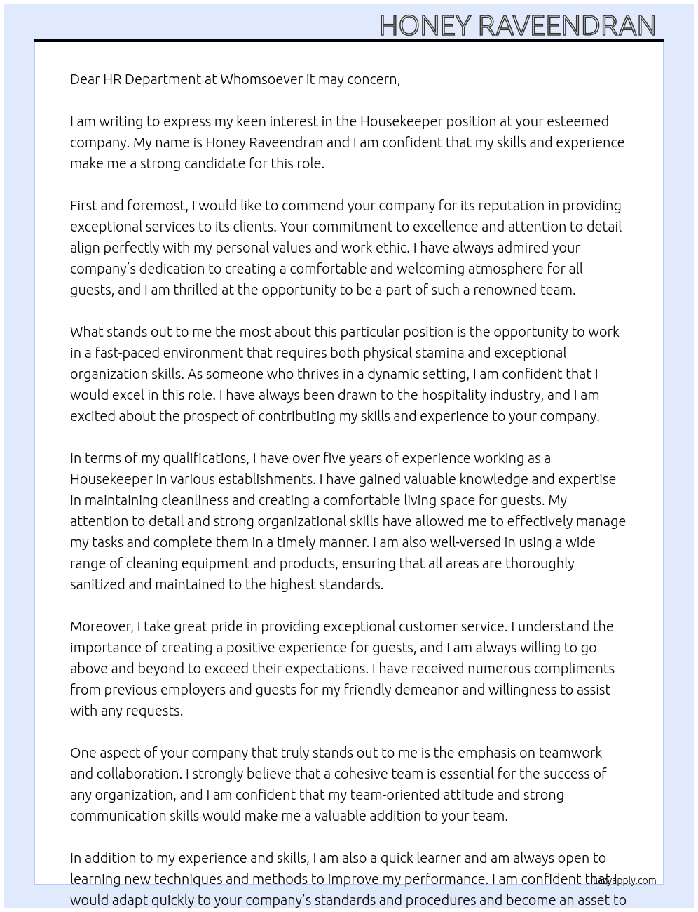 House keeper  At Whomsoever it may concern  Cover Letter