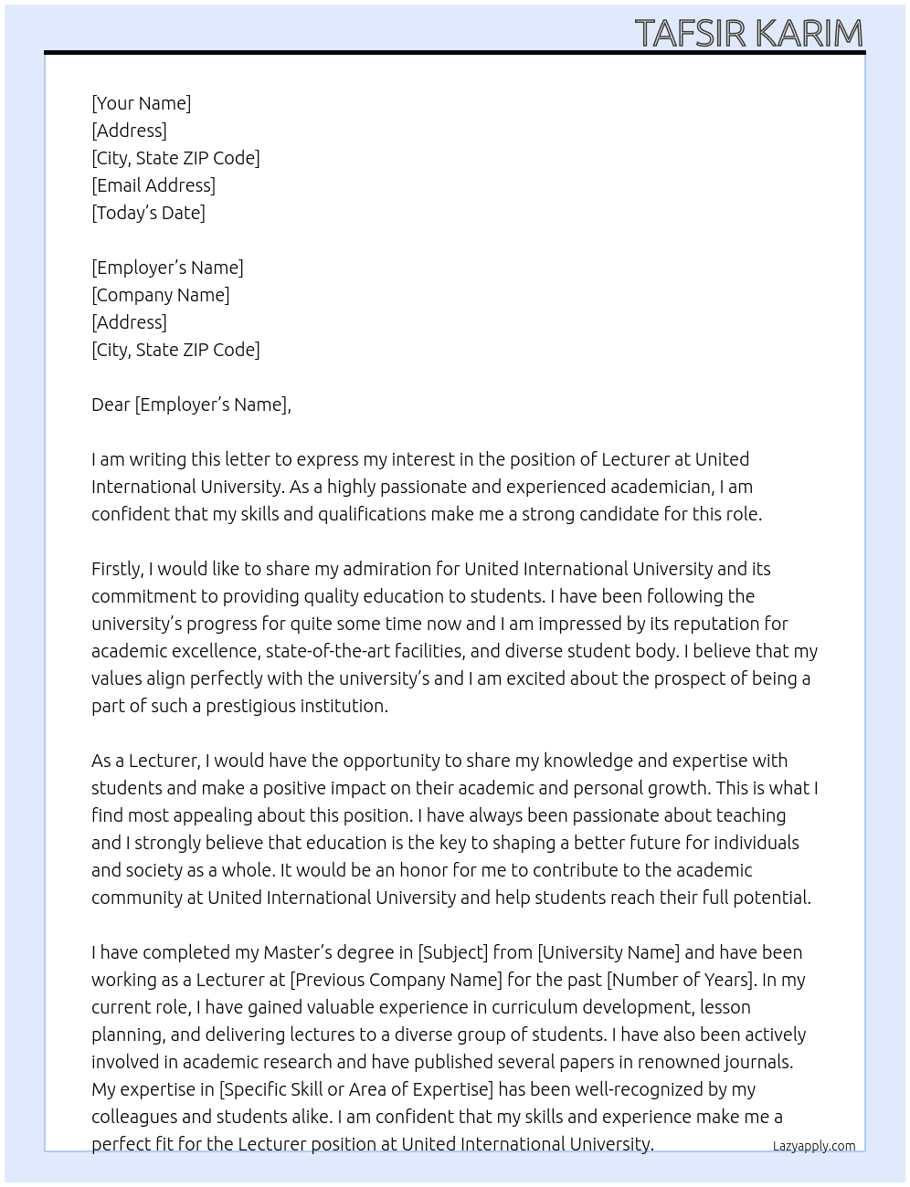 Lecturer At United International University Cover Letter