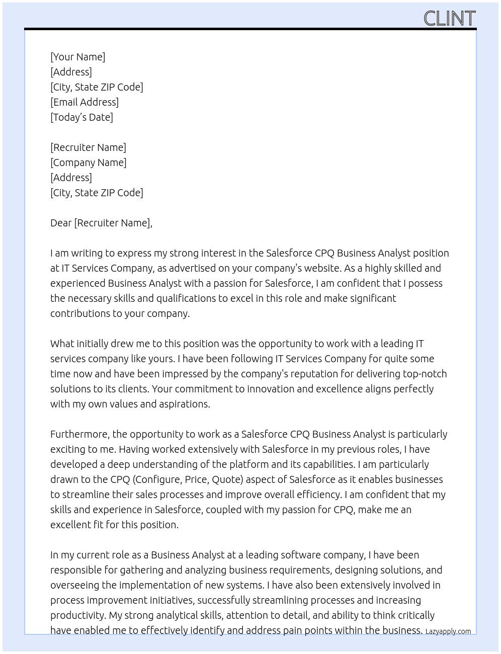 Salesforce CPQ Business Analyst At IT Services Company Cover Letter