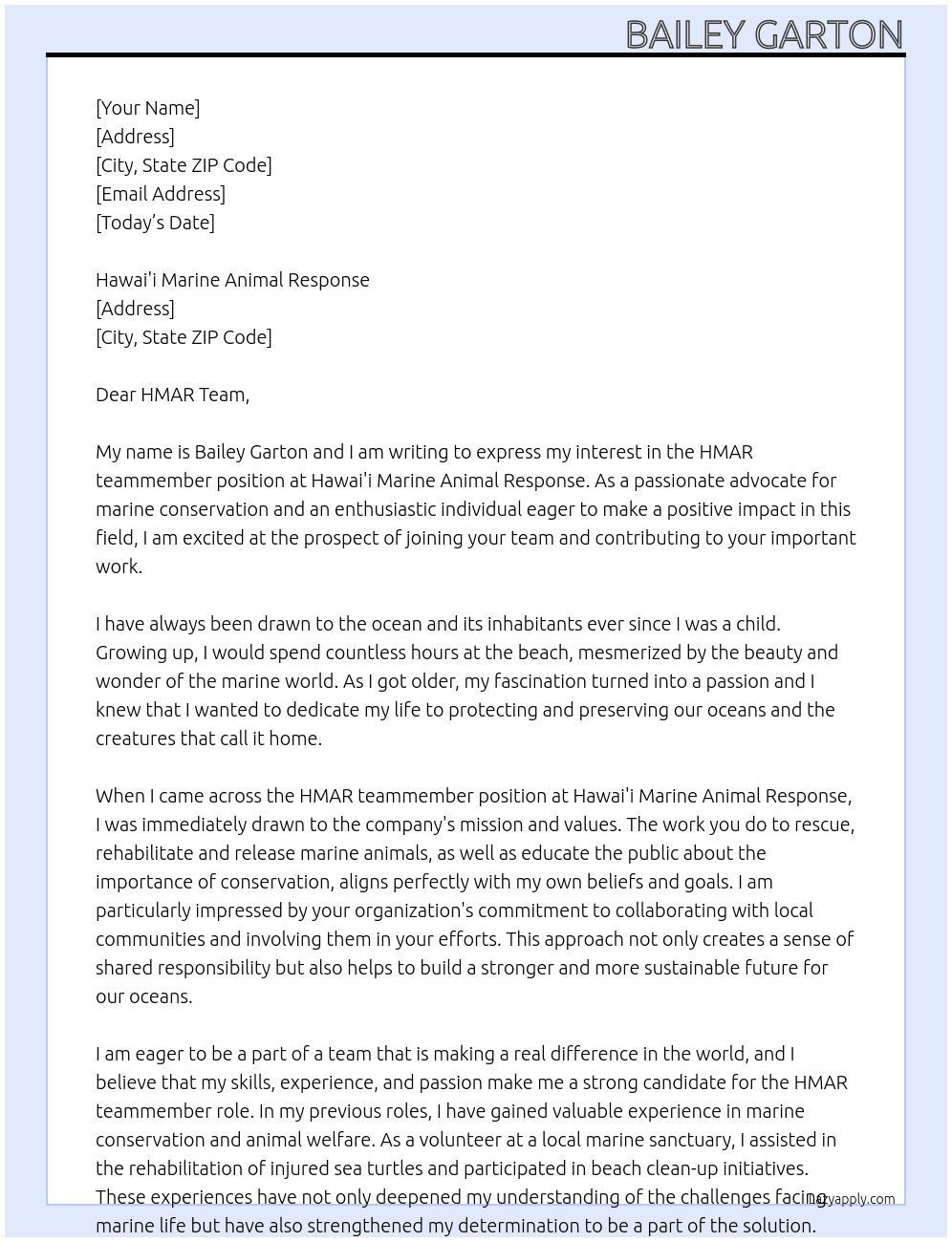 HMAR teammember At Hawai'i Marine Animal Response Cover Letter