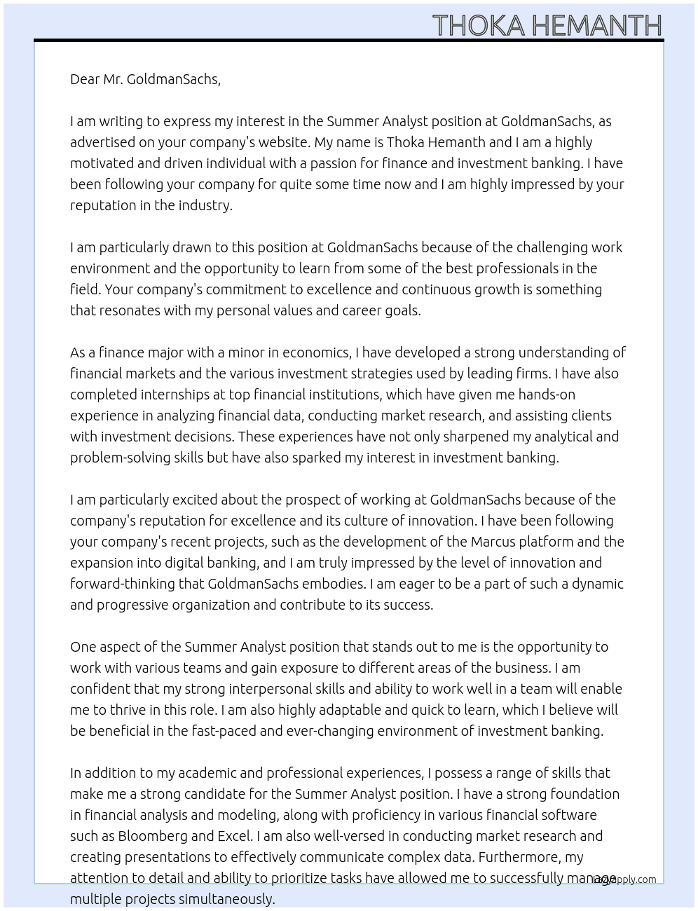 Summer Analyst At GoldmanSachs Cover Letter