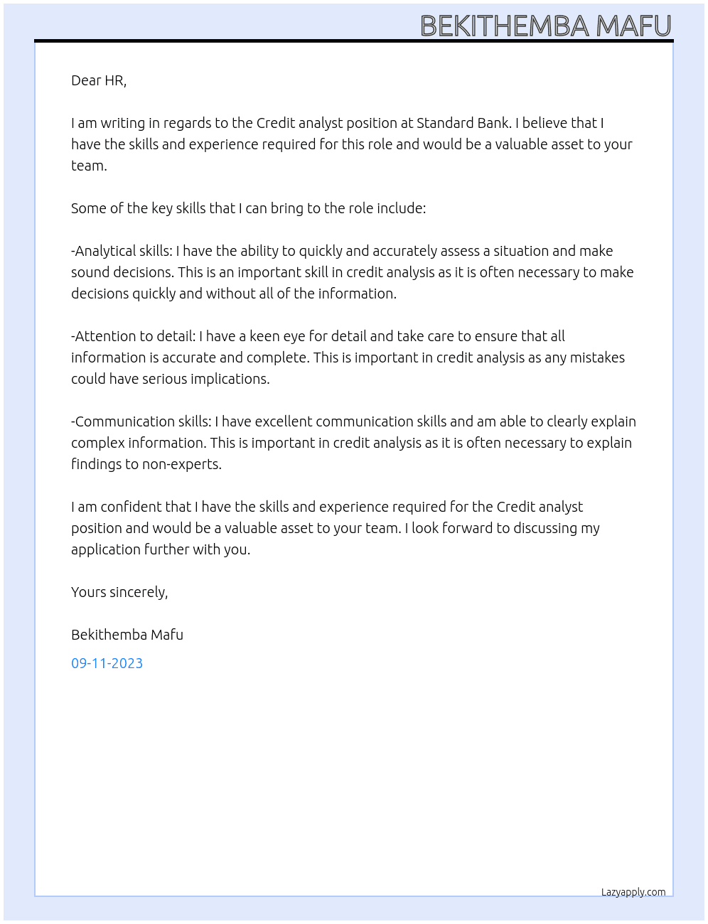 Credit analyst  At Standard Bank  Cover Letter