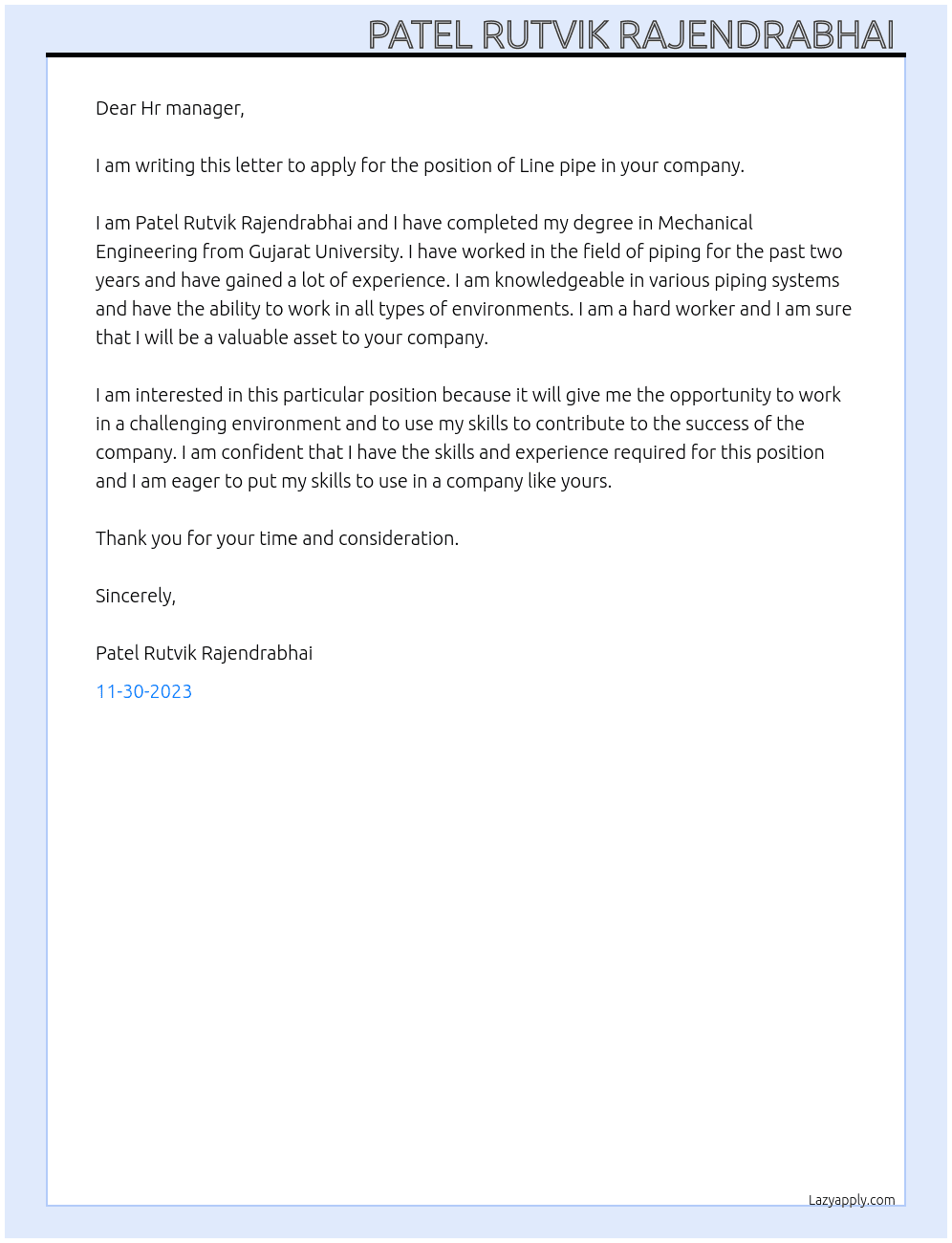 Line pipe  At TATA PROJECT  Cover Letter