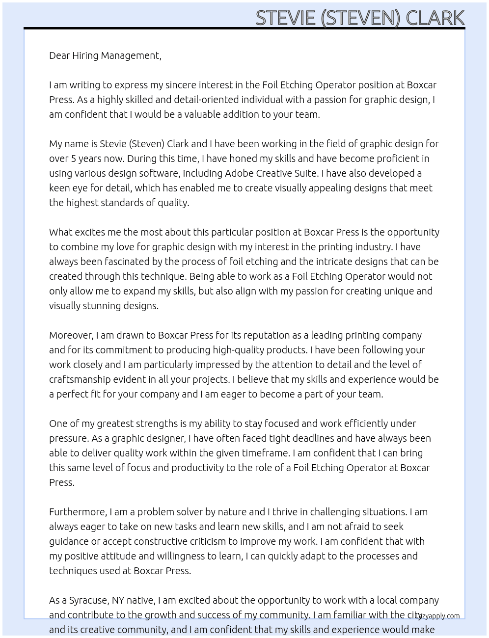 Foil Etching Operator At Boxcar Press Cover Letter