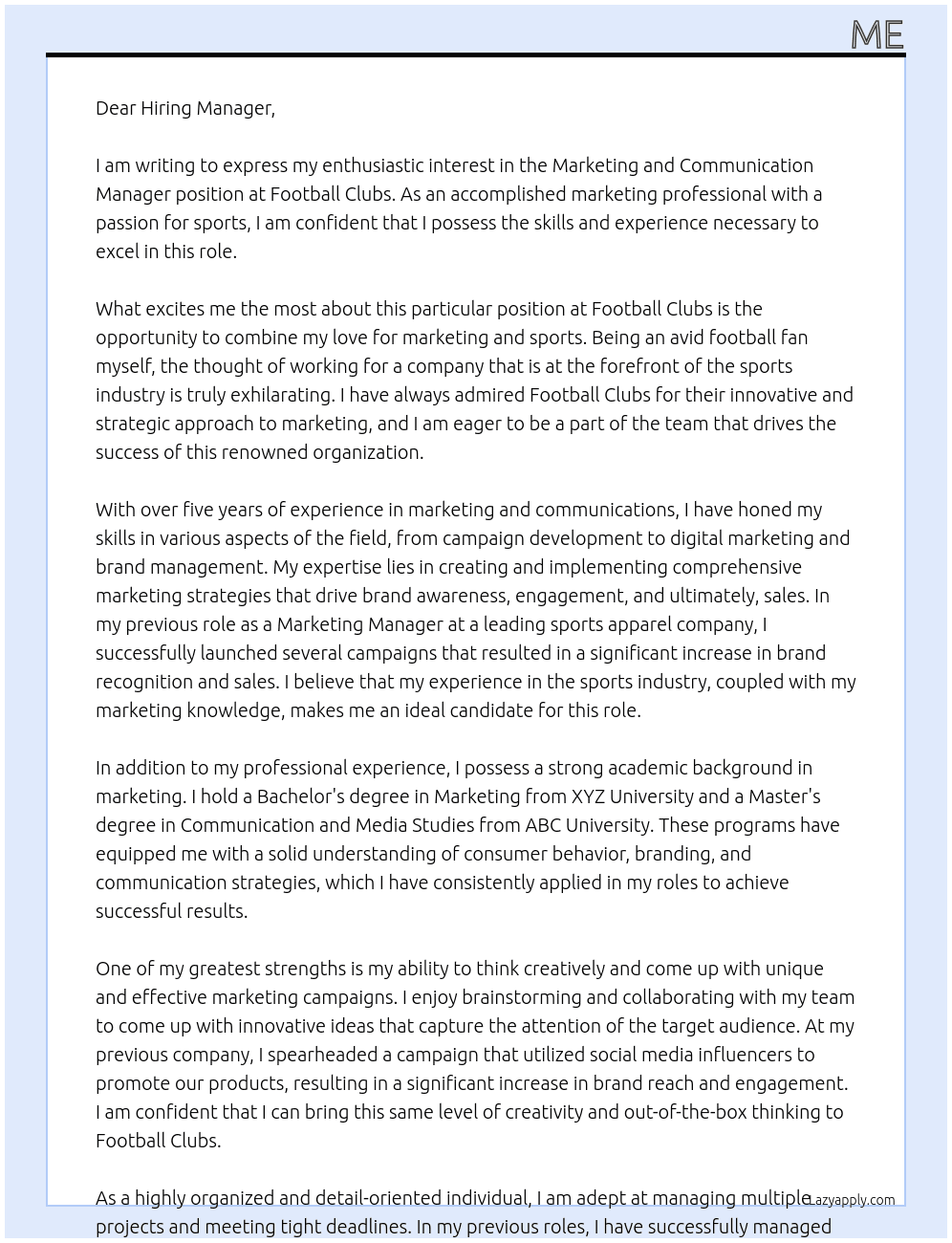 Marketing and communication manager At Football clubs Cover Letter