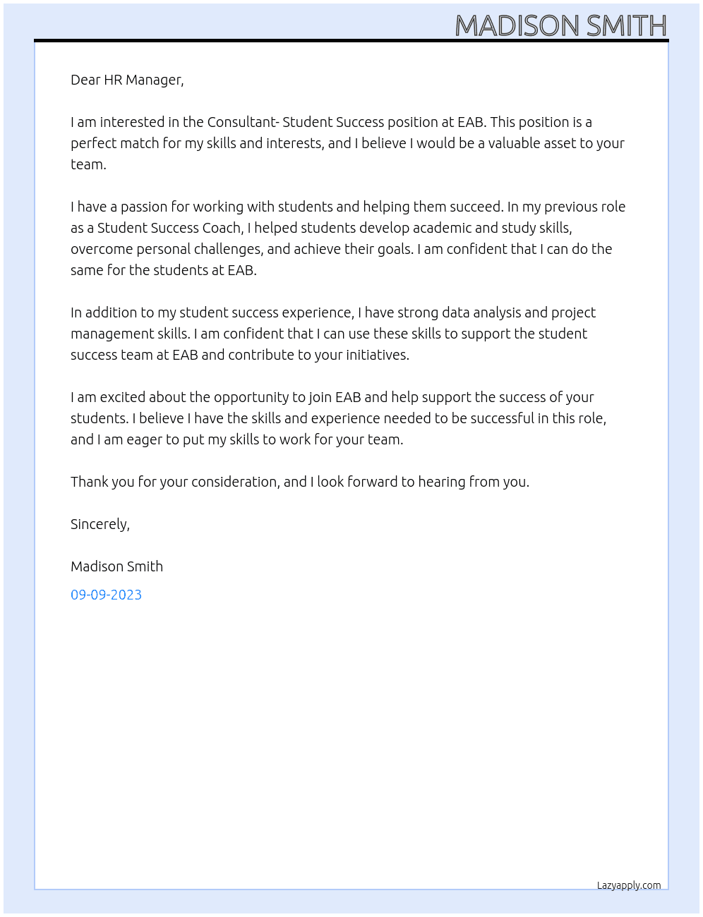 Consultant- Student Success At EAB Cover Letter