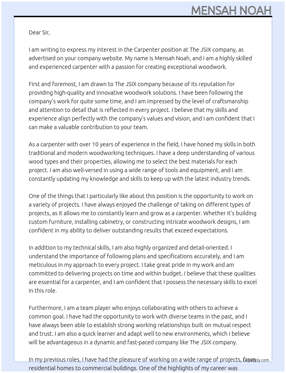Carpenter At The JSIX company Representative Cover Letter