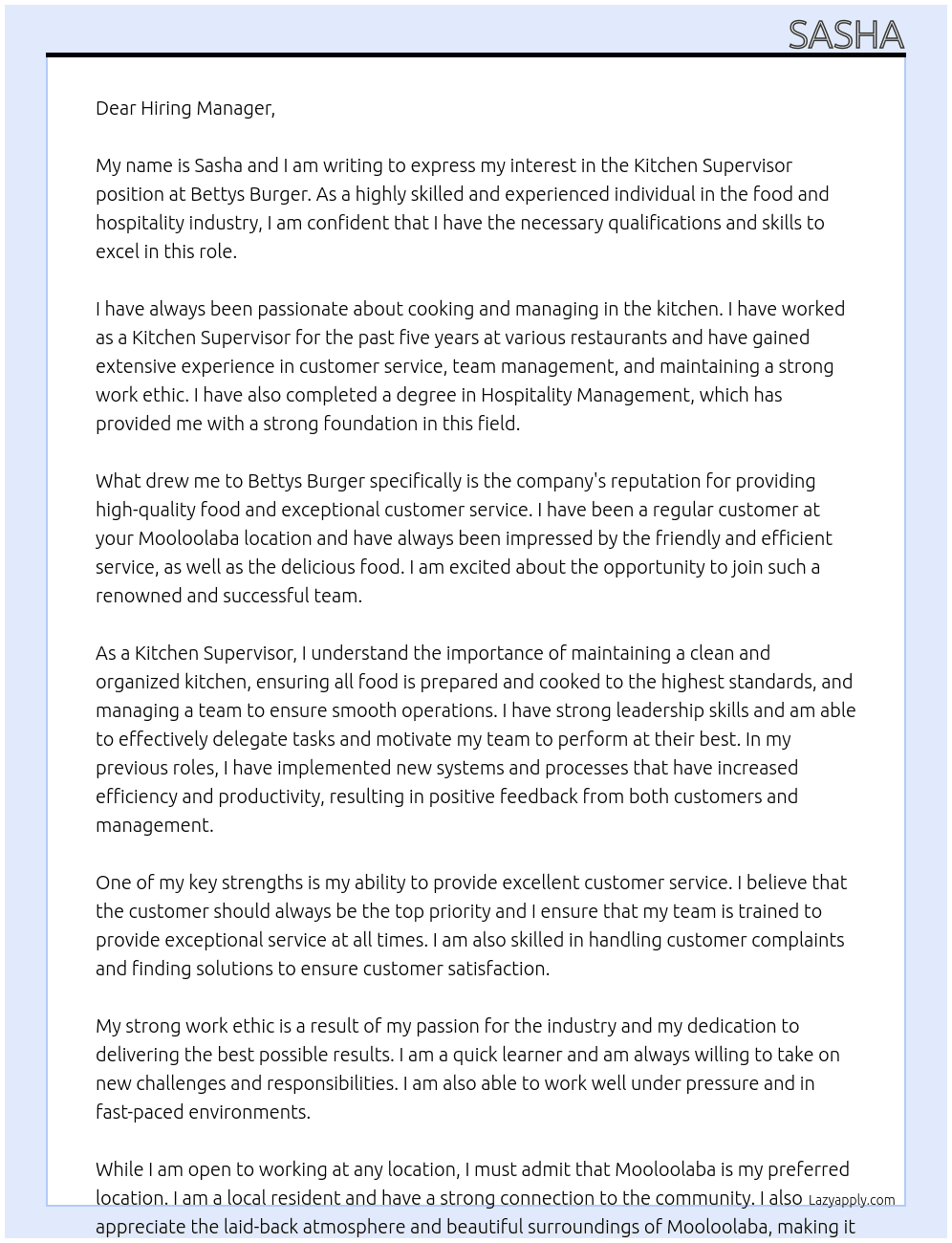 Kitchen supervisor At Bettys Burger Cover Letter