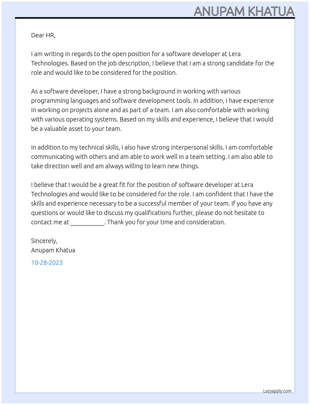 Software Developer At Lera Technologies Cover Letter