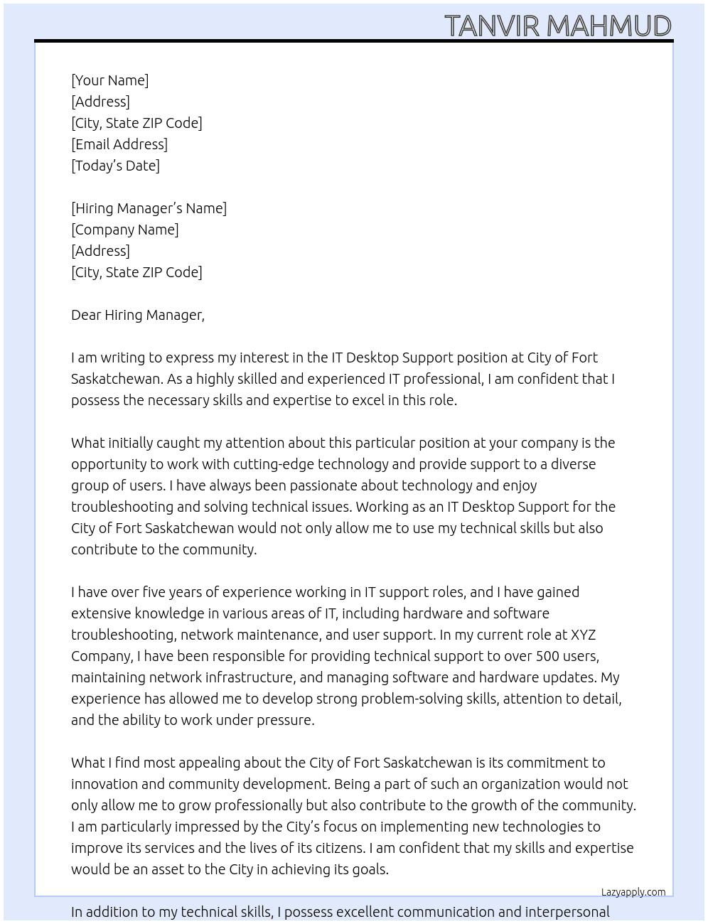 IT Desktop Support At City of Fort Saskatchewan Cover Letter