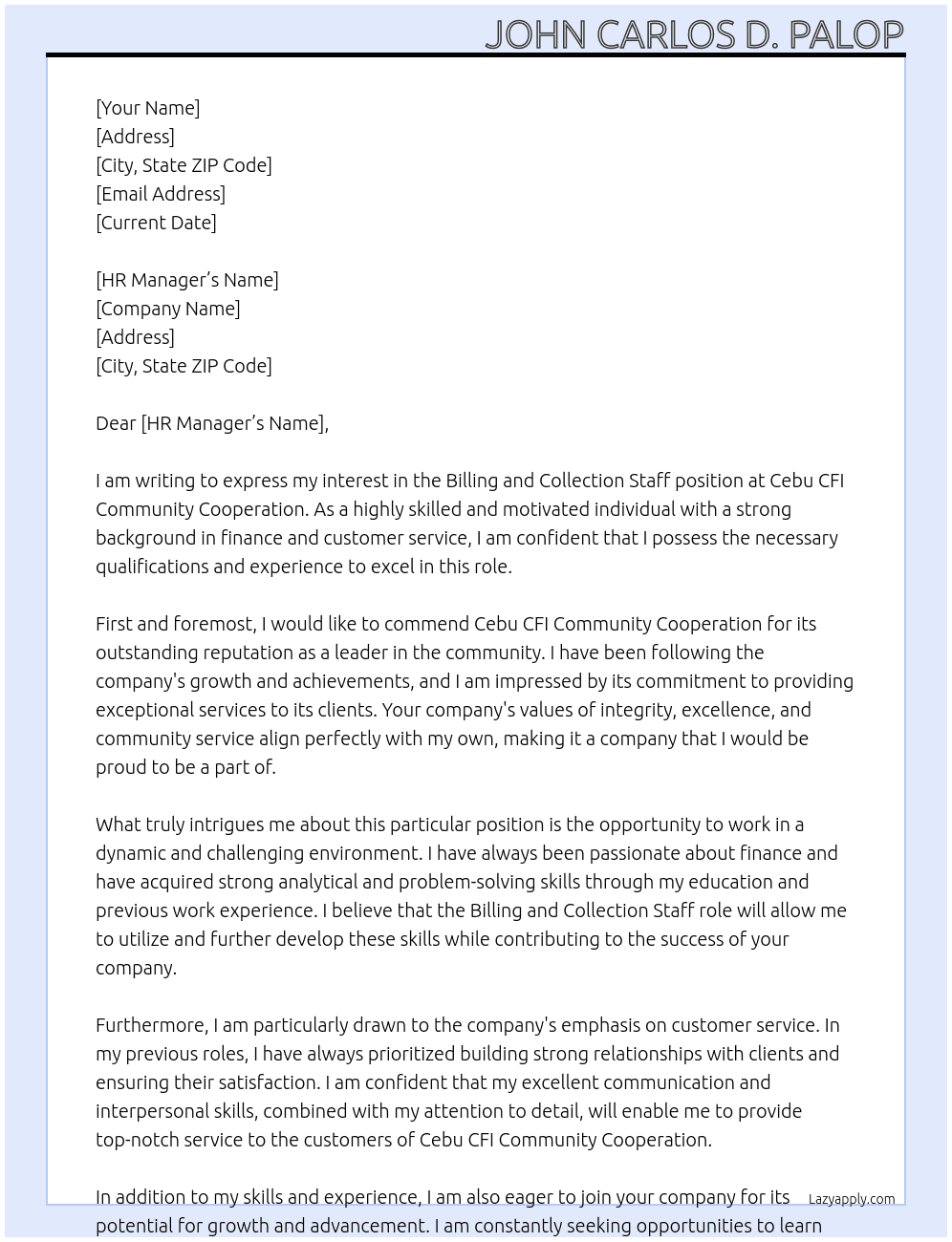 Billing and Collection Staff At Cebu CFI Community Cooperation Cover Letter