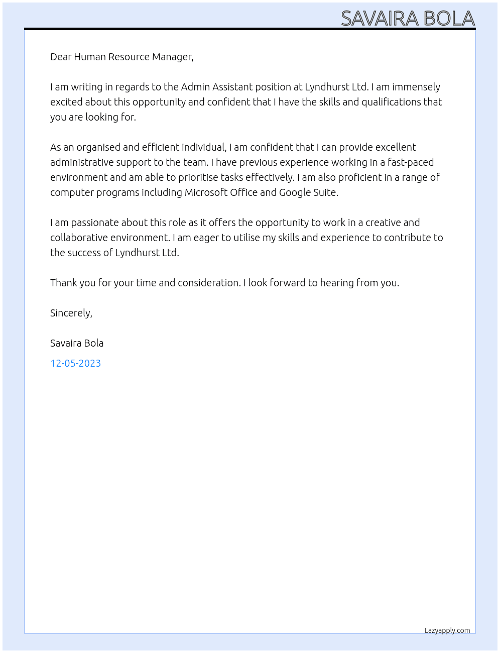 Admin Assistant At Lyndhurst Ltd. Cover Letter