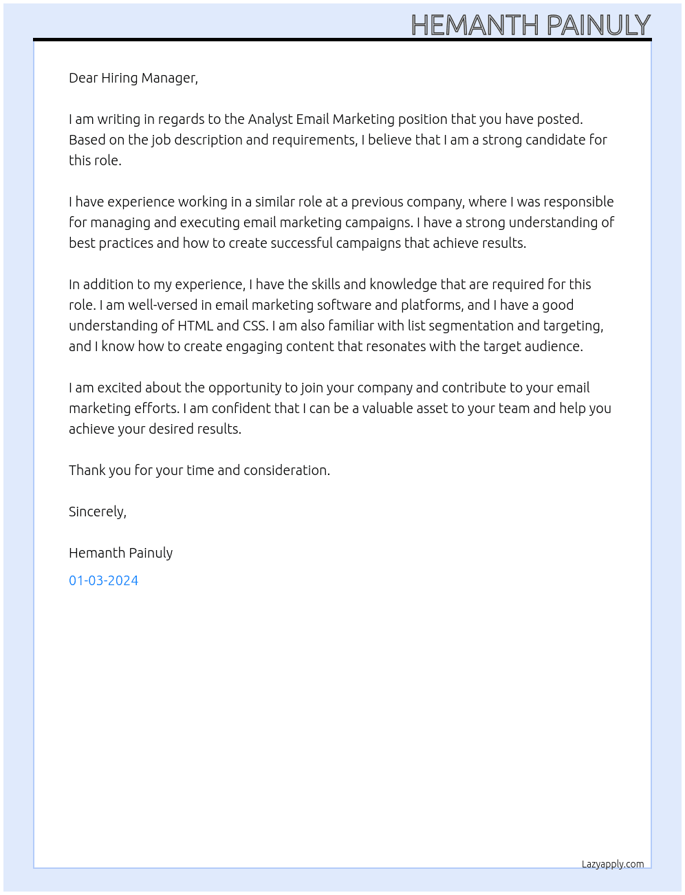 Analyst Email Marketing At Hemanth painuly Cover Letter