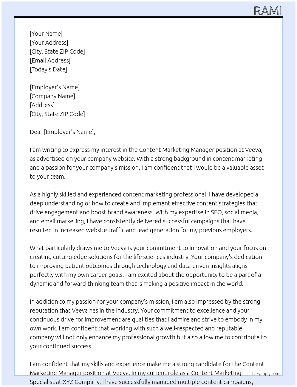 Content Marketing Manager At Veeva Cover Letter
