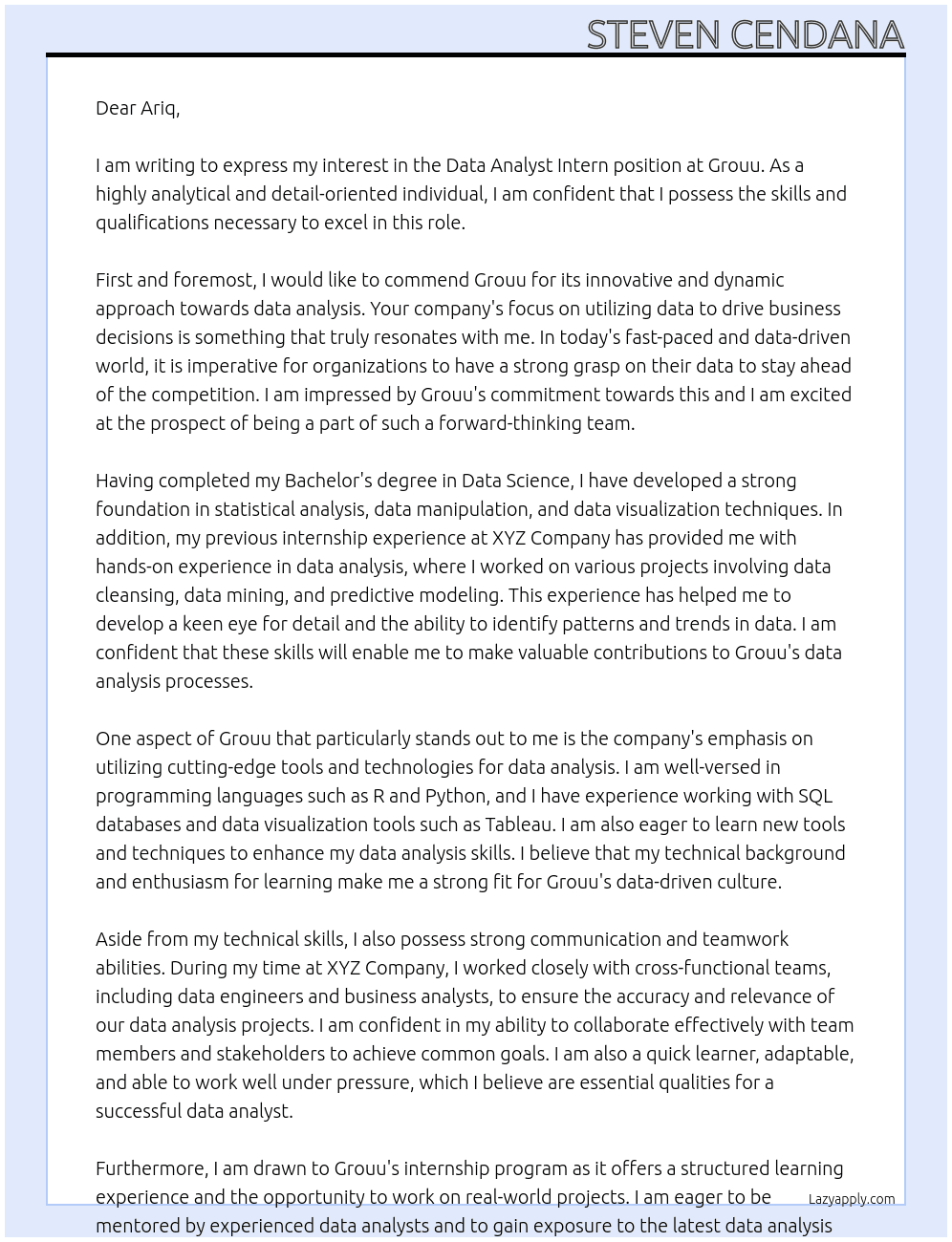 Data Analyst Intern At Grouu Cover Letter