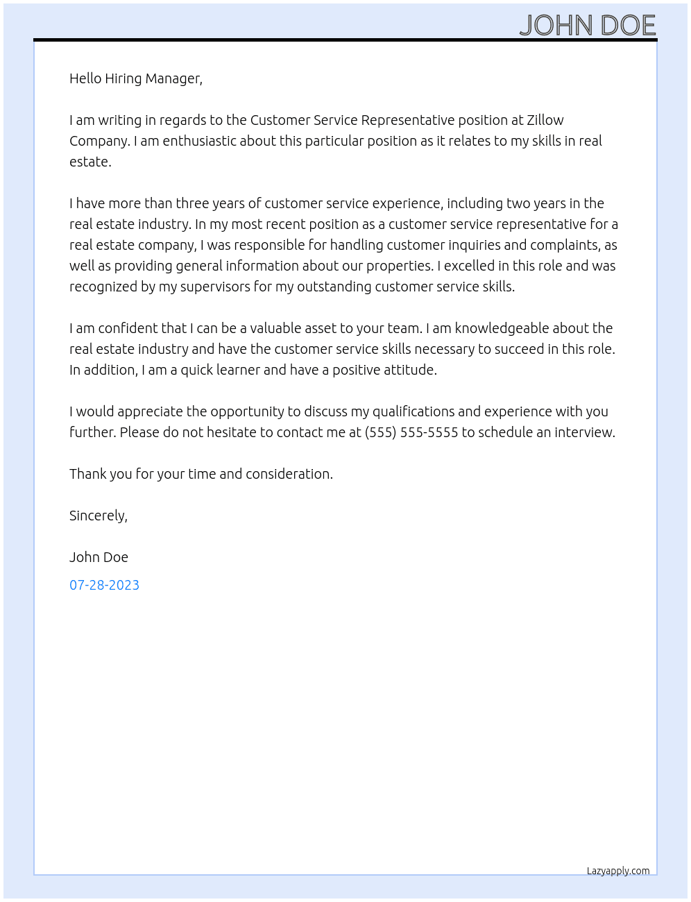 Customer Service Representative  At Zillow Company Cover Letter