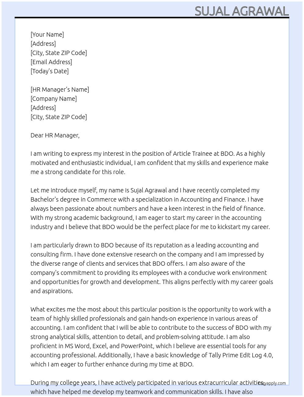 Article trainee  At BDO  Cover Letter