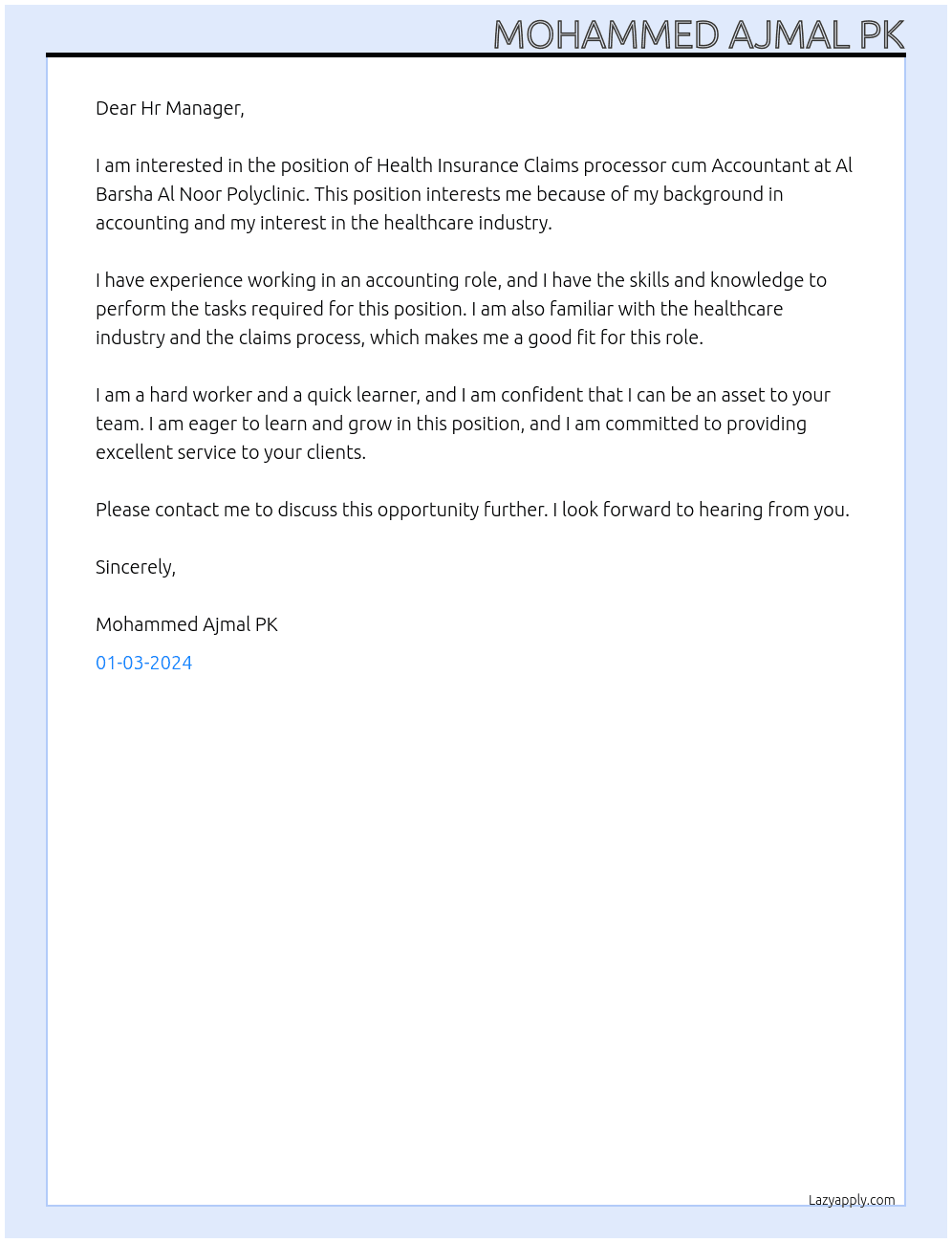 Health Insurance Claims processor cum Accountant At Al Barsha Al Noor Polyclinic Cover Letter