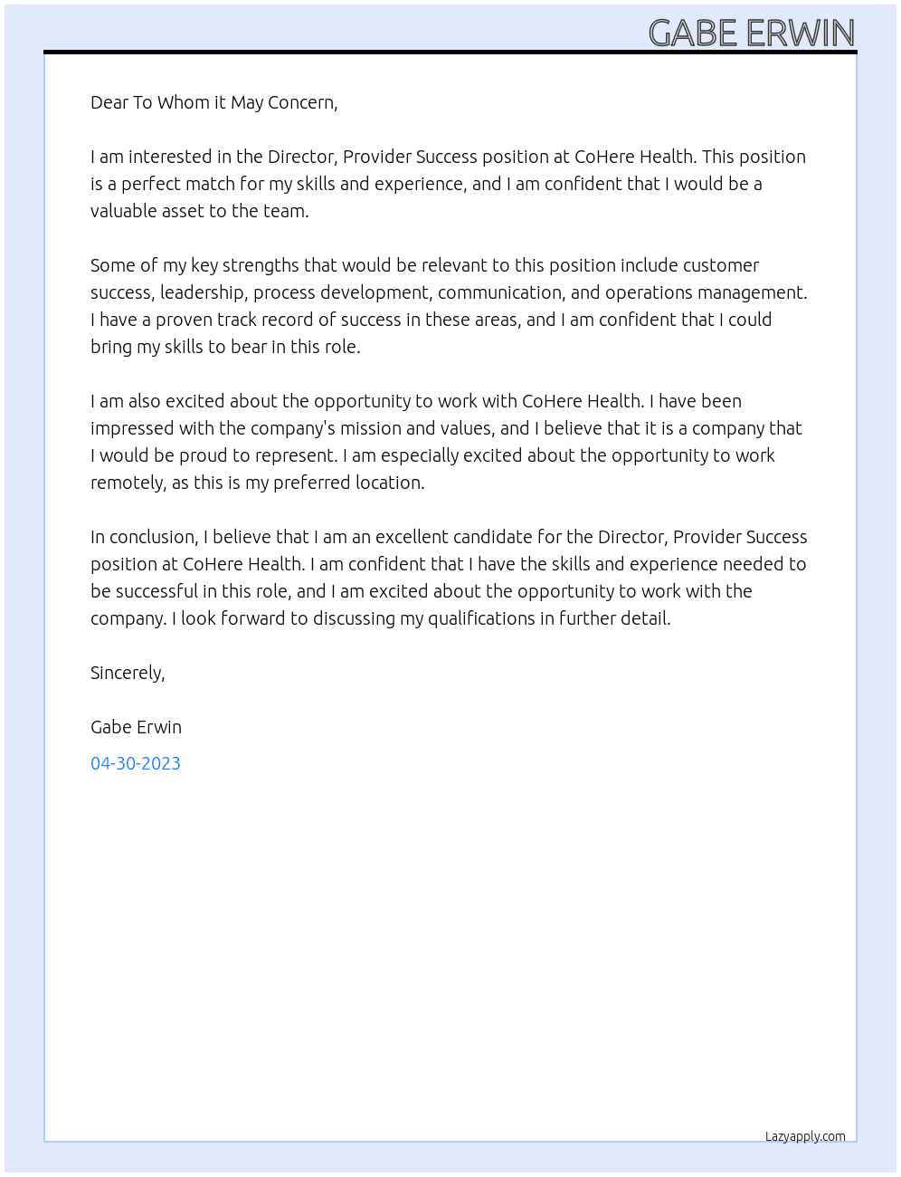 Director, Provider Success At CoHere Health Cover Letter
