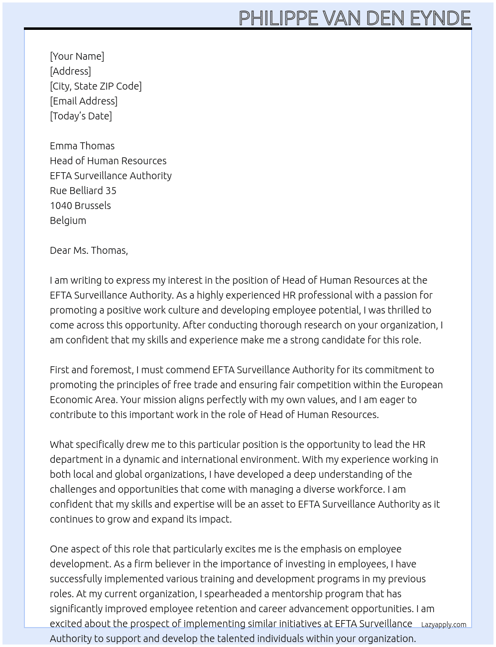 head of human resources At EFTA Surveillance Authority Cover Letter