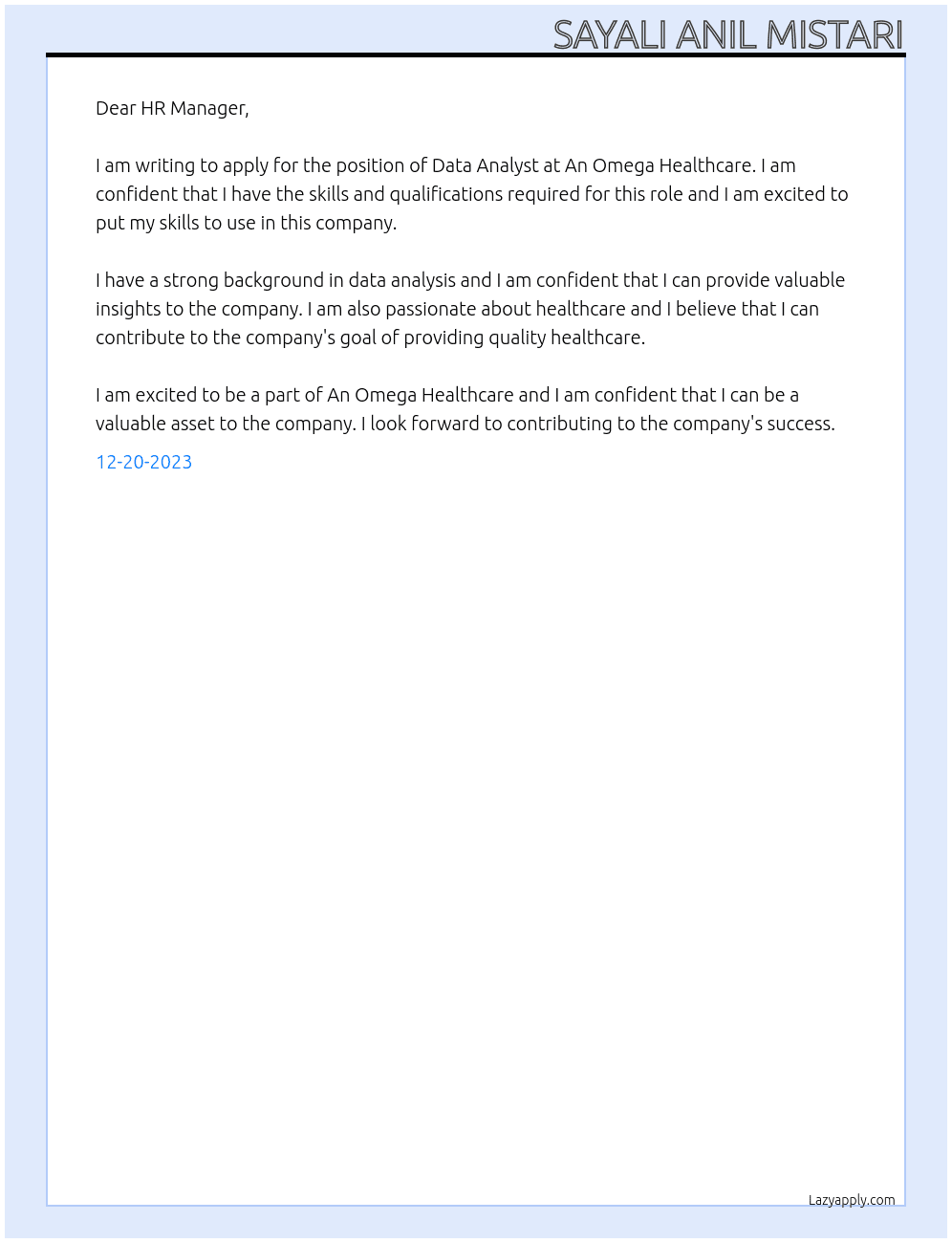 Data Analyst At An Omega Healthcare Cover Letter