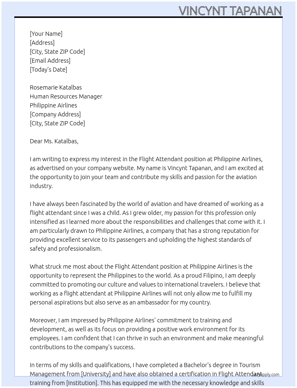 flight attendant At Philippine Airlines Cover Letter