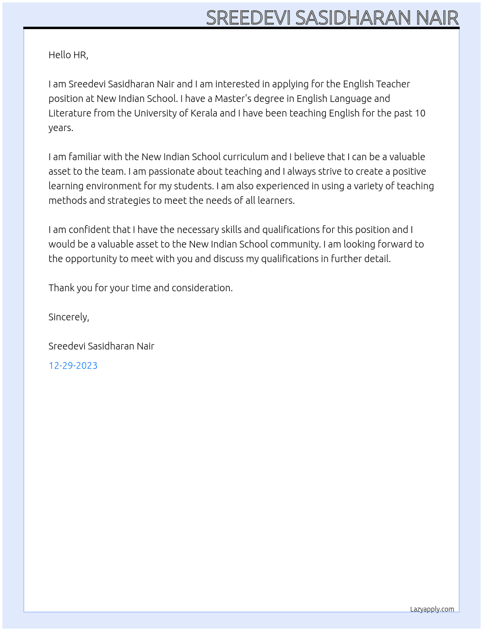 English  Teacher  At New Indian School Cover Letter