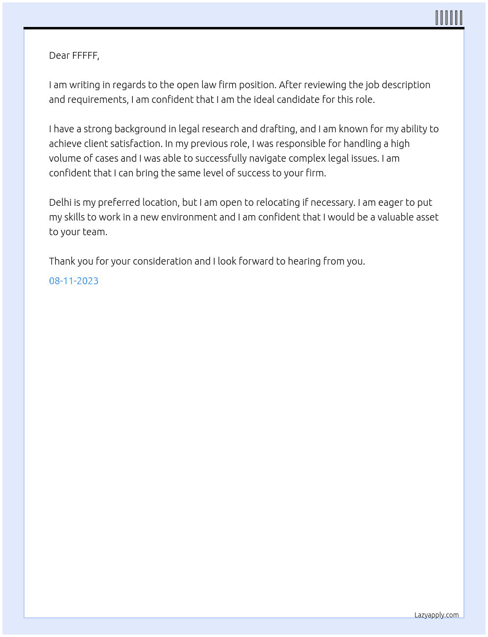 Law firm At FFFFF Cover Letter