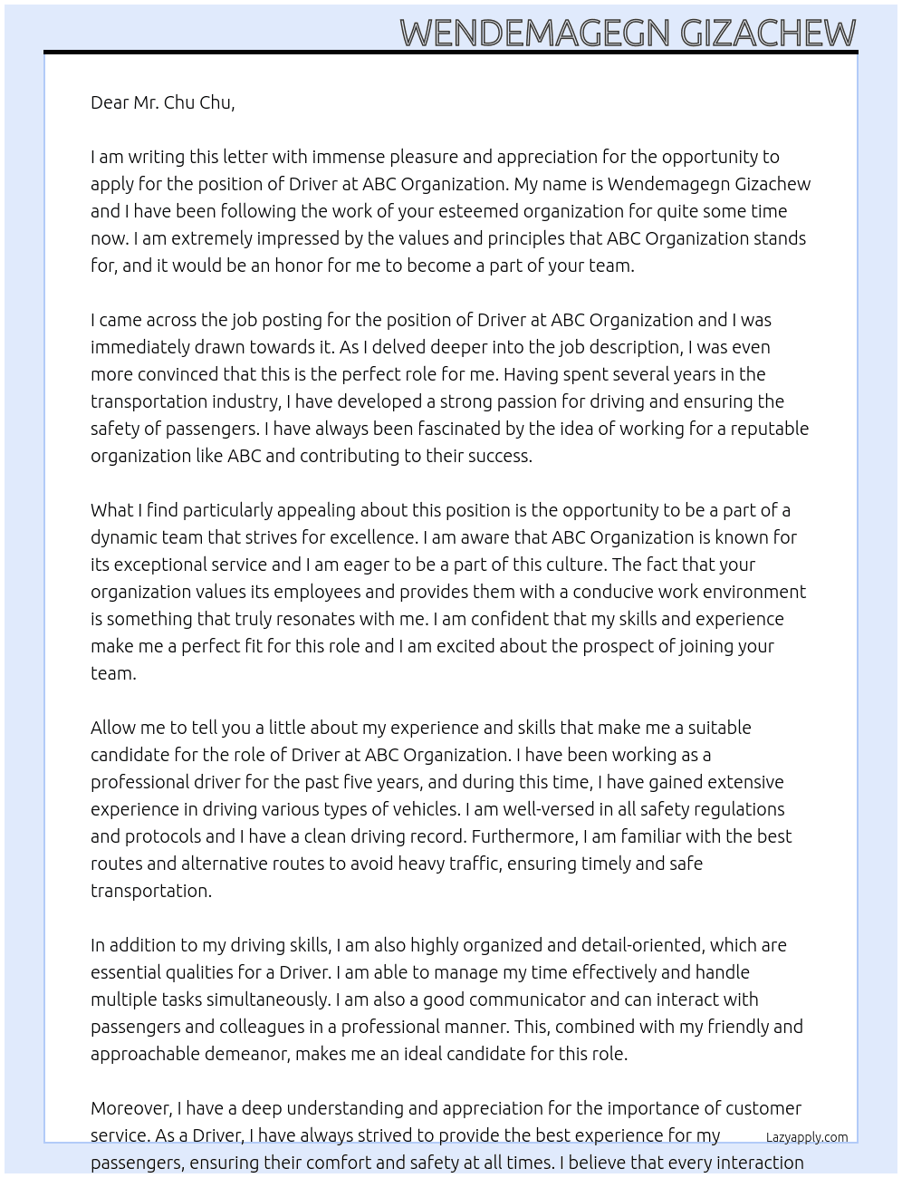 Driver At Abc organazation Cover Letter