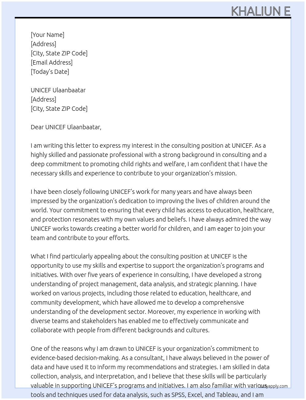 consulting At UNICEF Cover Letter