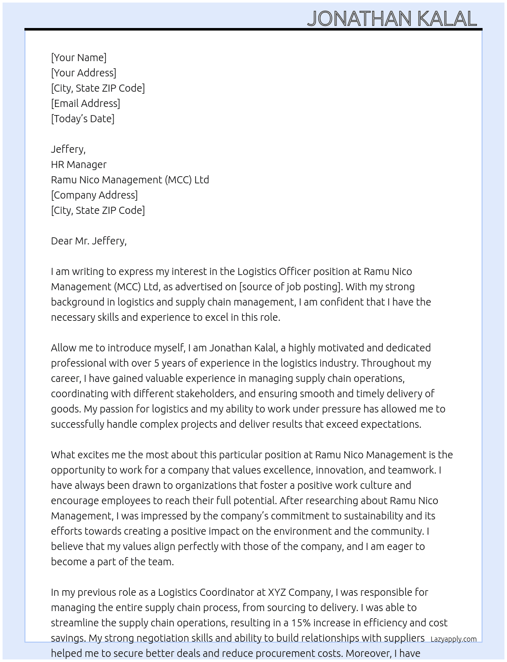 Logistics Officer  At Ramu Nico Management (MCC) Ltd Cover Letter