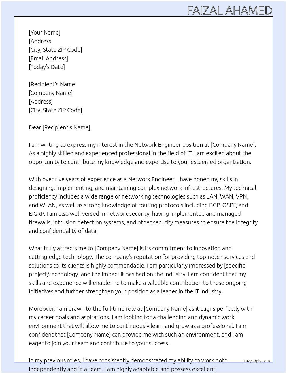 network engineer At all Cover Letter