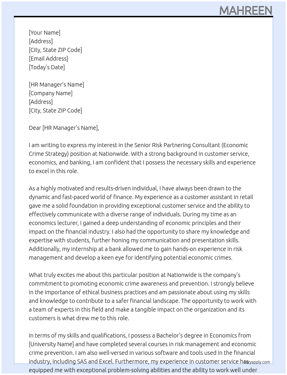 Senior Risk Partnering Consultant (Economic Crime Strategy) At Nationwide Cover Letter