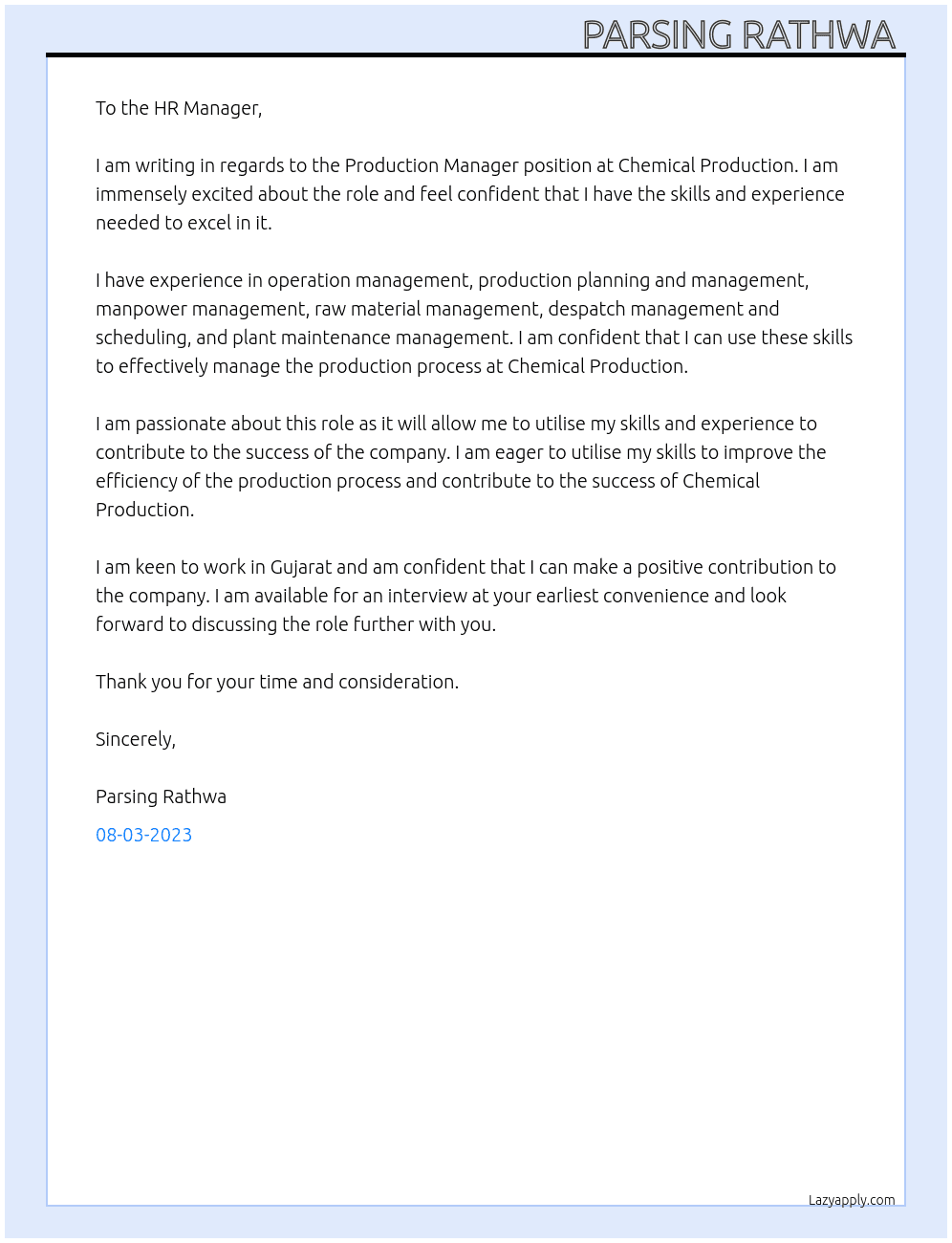 Production manager  At Chemical Production  Cover Letter