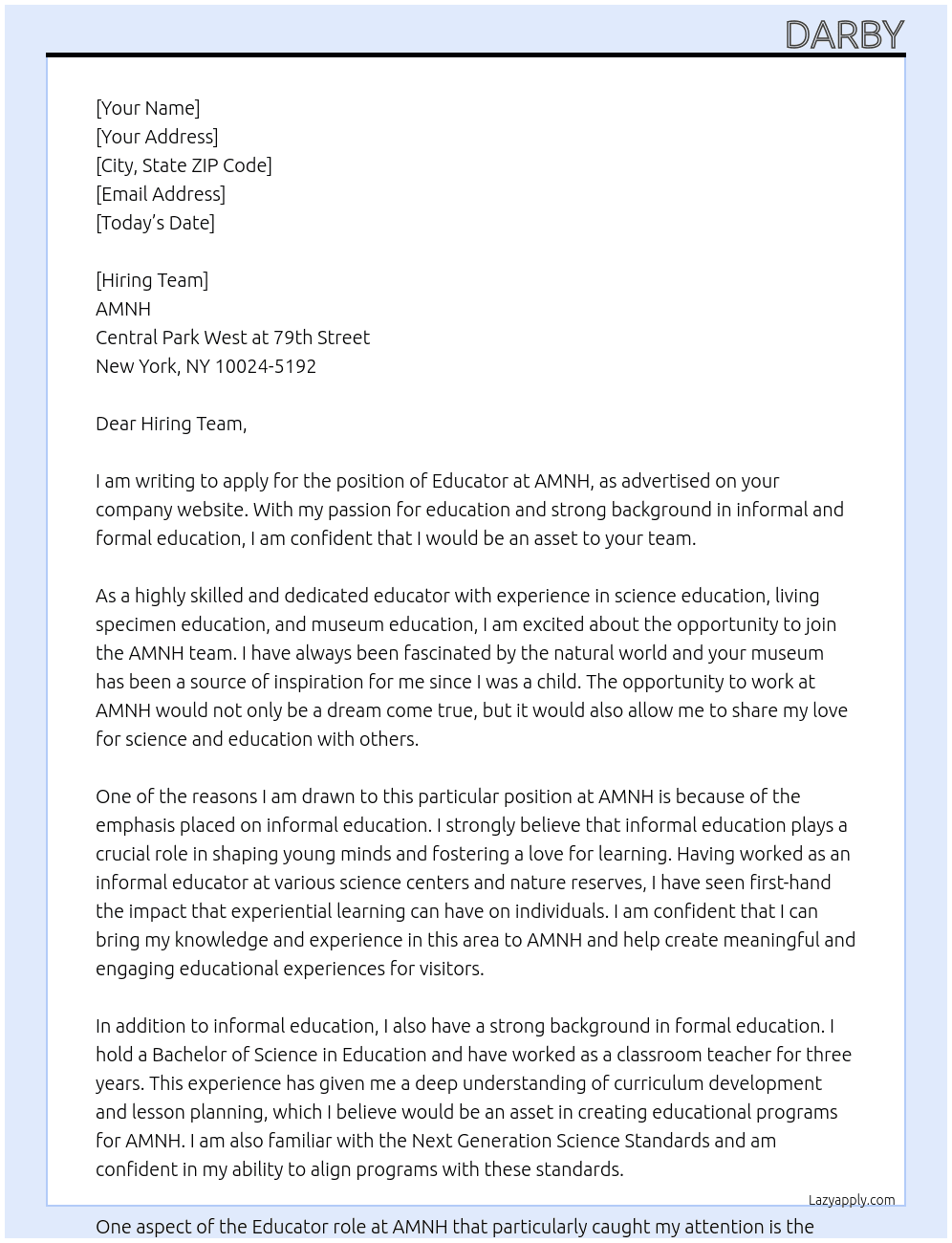 Educator At AMNH Cover Letter