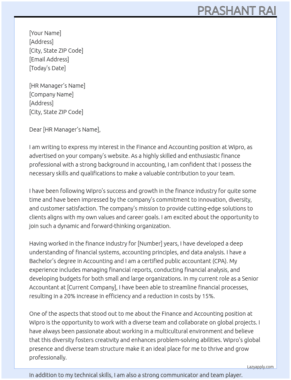 finance and accounting At wipro Cover Letter