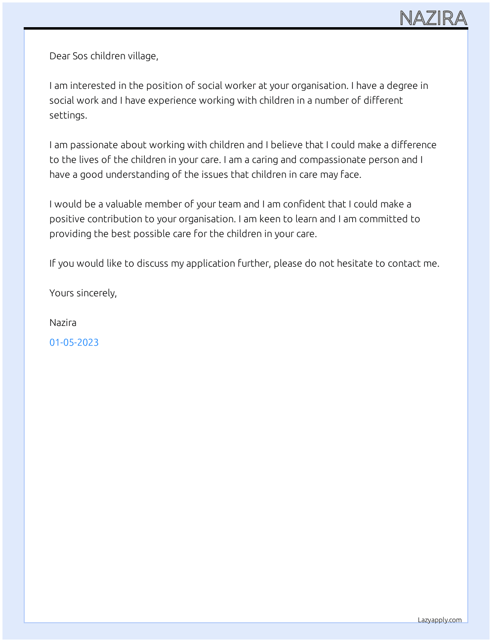 Social worker At Sos children village  Cover Letter