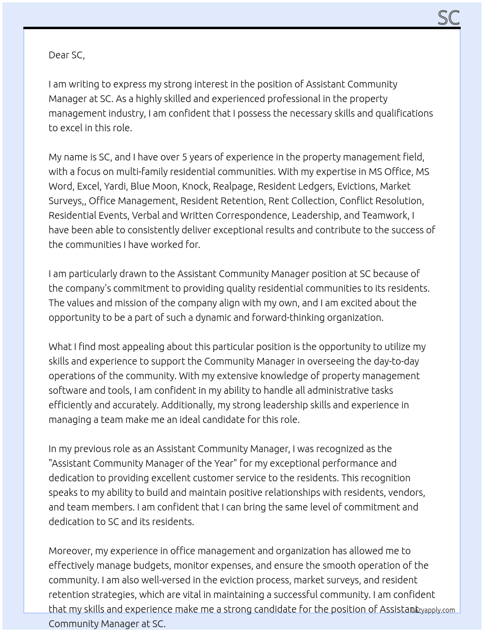 Assistant Community Manager At SC Cover Letter