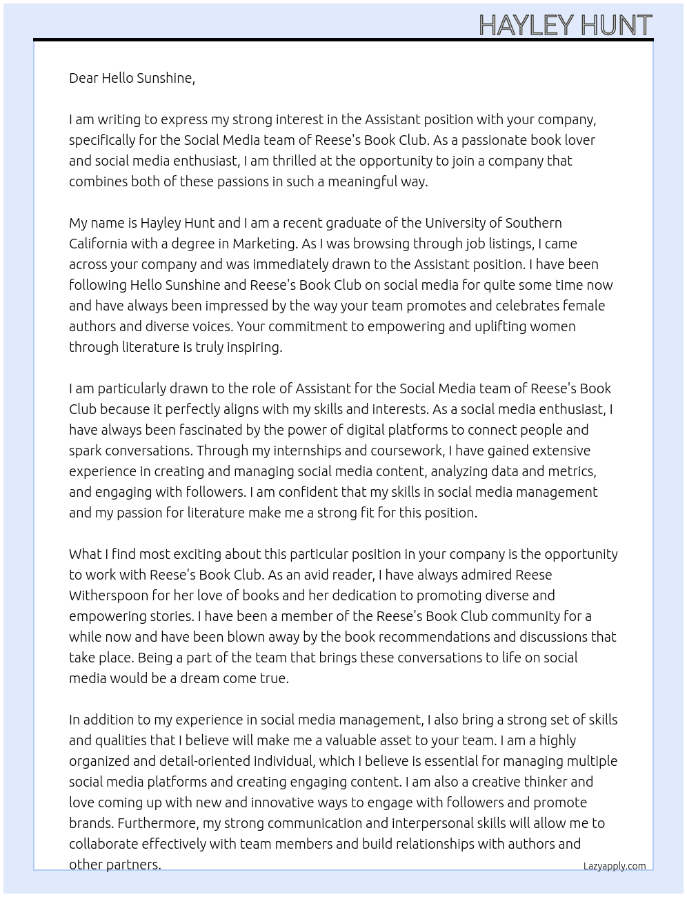 Assistant. Social Media - Reese's Book Club At Hello Sunshine Cover Letter