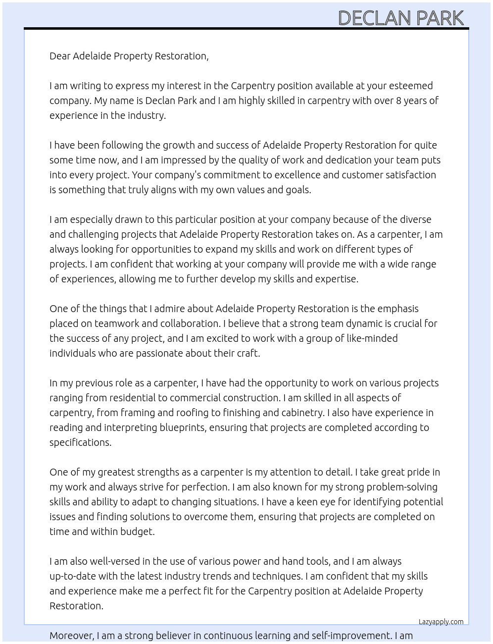 Carpentry At Adelaide Property Restoration Cover Letter