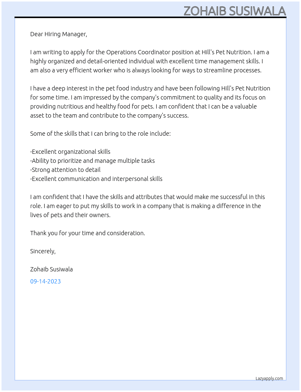 Operations Coordinator At Hill's Pet Nutrition  Cover Letter