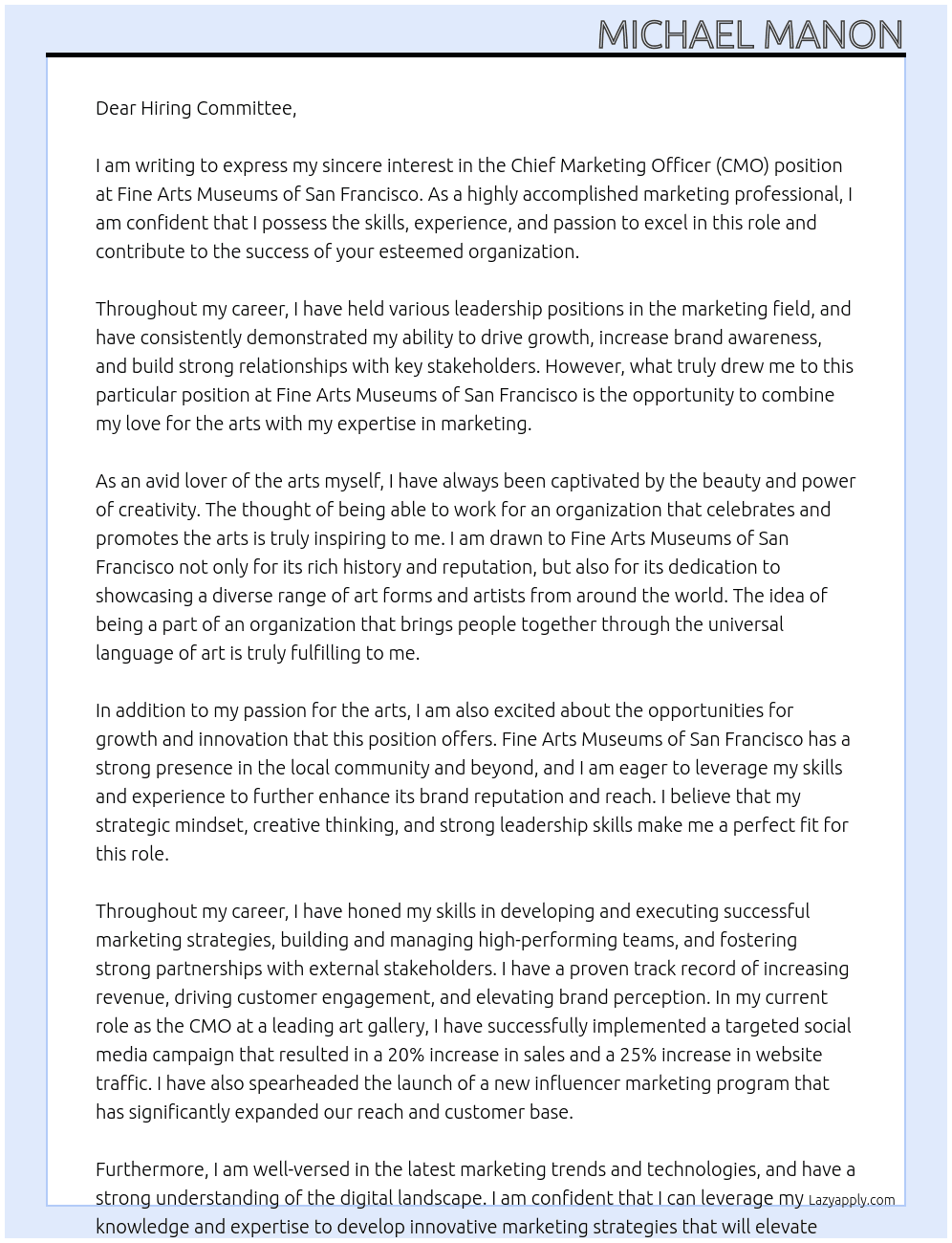 CMO At Fine Arts Museums of San Francisco Cover Letter
