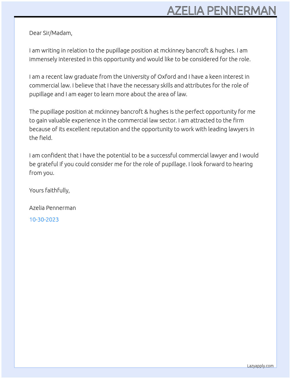 Pupillage At mckinney bancroft & hughes Cover Letter