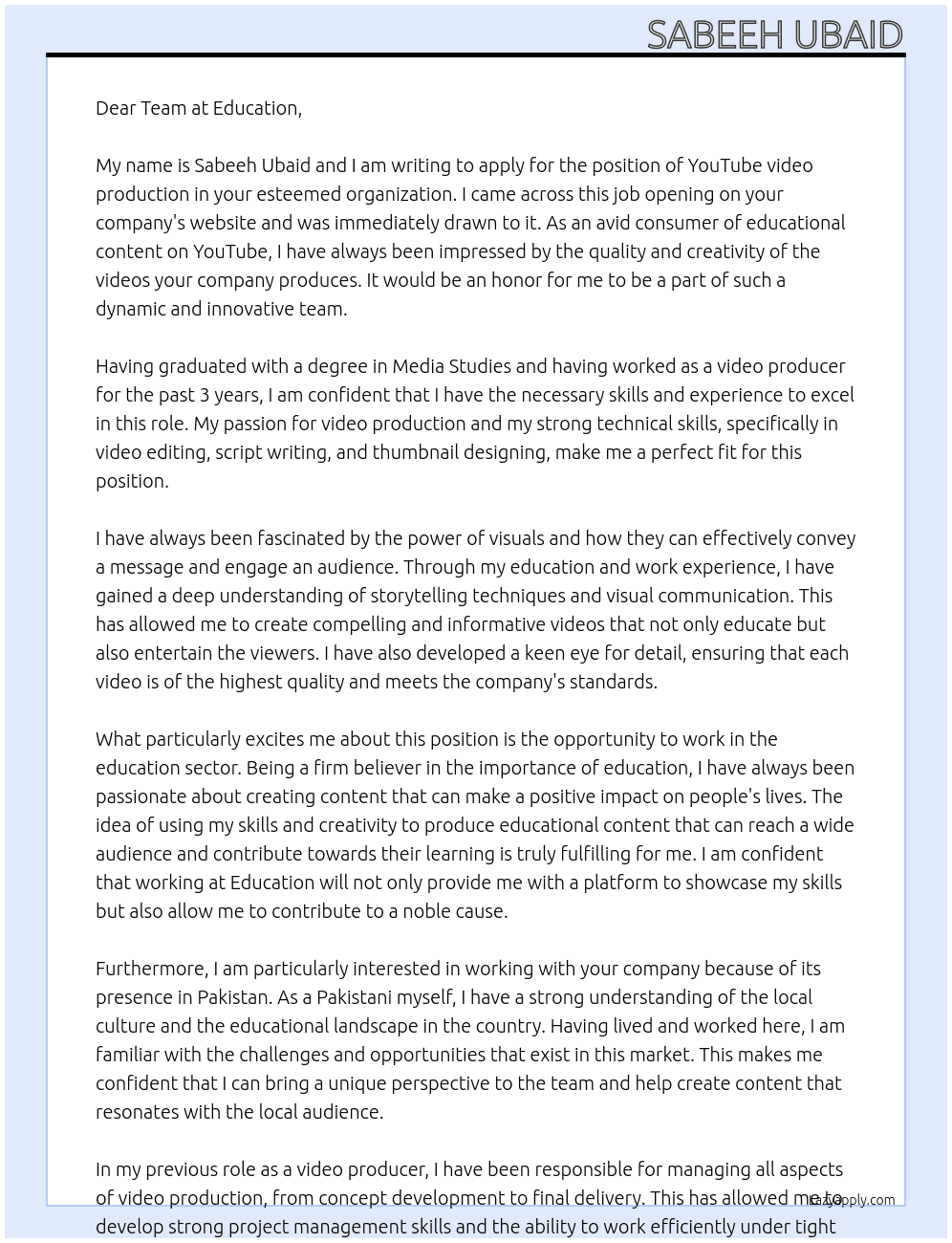 YouTube video production  At Education  Cover Letter