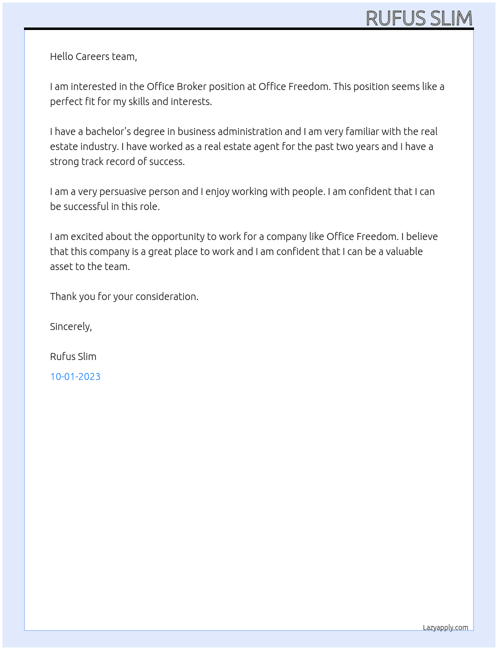 Office Broker At Office Freedom Cover Letter