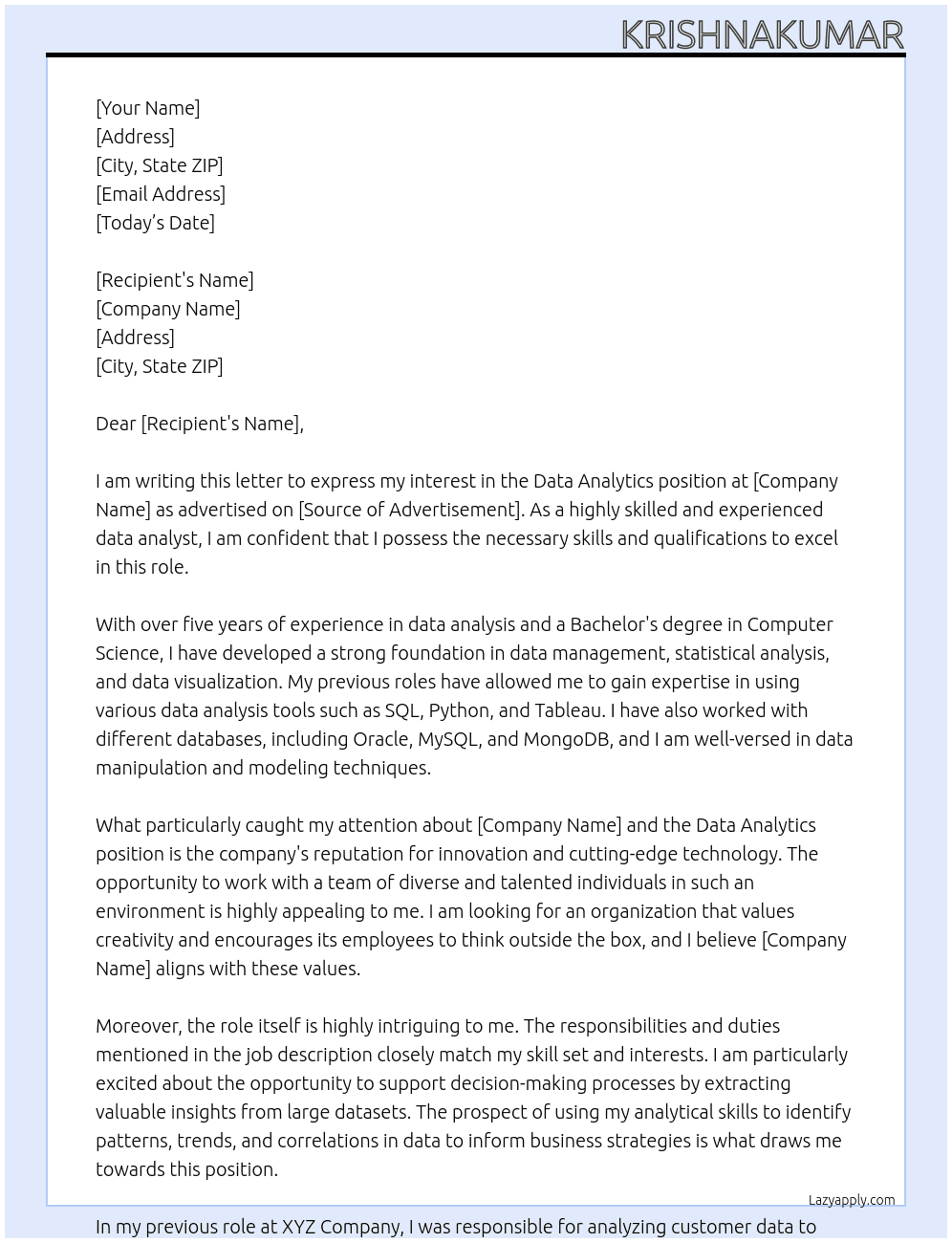 Data Analytics  At Krishnakumar Cover Letter